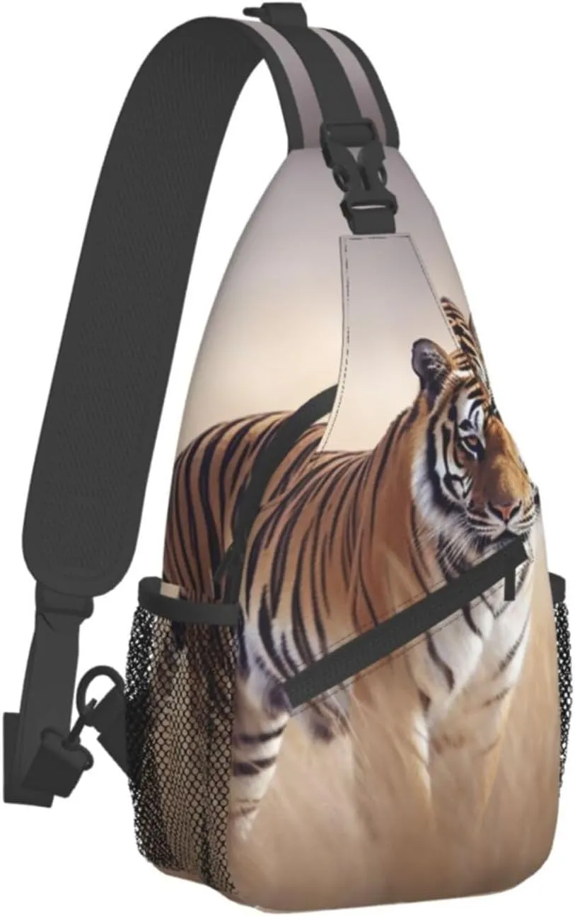 Sling Bag for Women Men Shoulder Bag Travel Paris Chest Bag Travel Fanny Pack Lightweight Casual Daypack, Tiger Walking in the Grassland, One Size