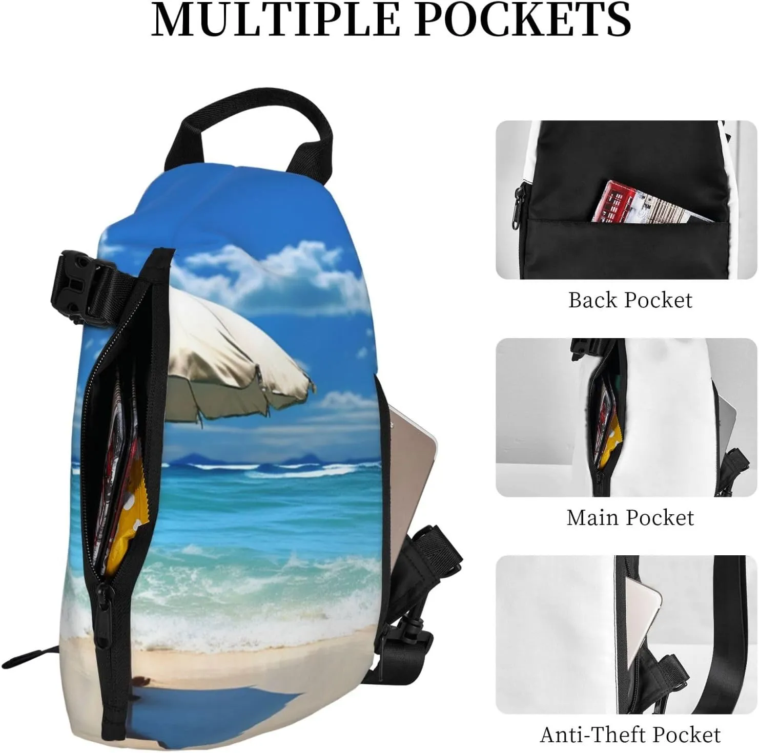 Sling Bag for Women Men Shoulder Bag Universe Landscape Painting Chest Bag Travel Fanny Pack Lightweight Casual Daypack, Umbrella on Beach, One Size
