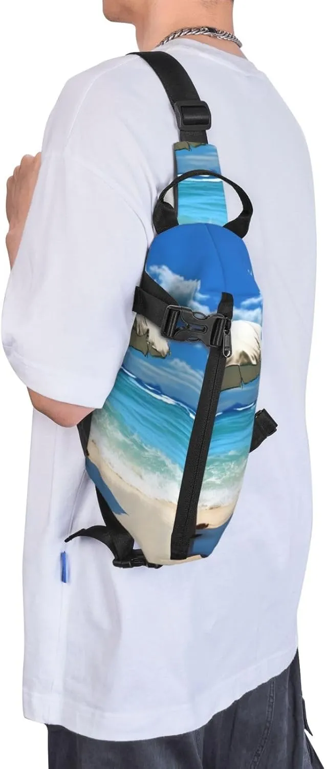 Sling Bag for Women Men Shoulder Bag Universe Landscape Painting Chest Bag Travel Fanny Pack Lightweight Casual Daypack, Umbrella on Beach, One Size