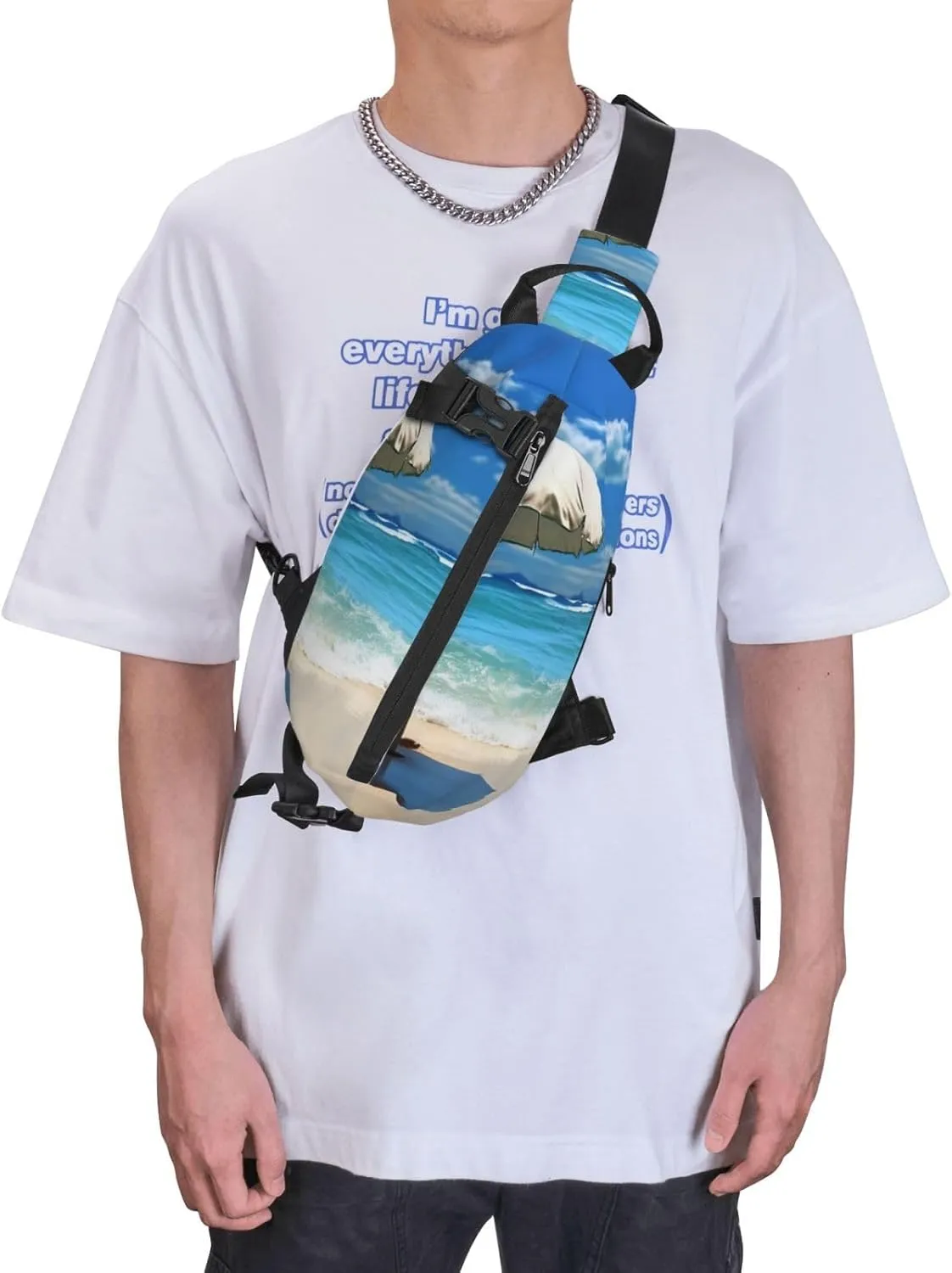Sling Bag for Women Men Shoulder Bag Universe Landscape Painting Chest Bag Travel Fanny Pack Lightweight Casual Daypack, Umbrella on Beach, One Size