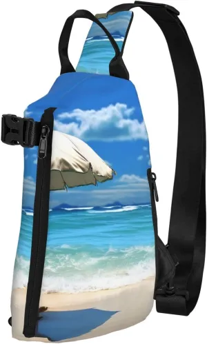 Sling Bag for Women Men Shoulder Bag Universe Landscape Painting Chest Bag Travel Fanny Pack Lightweight Casual Daypack, Umbrella on Beach, One Size
