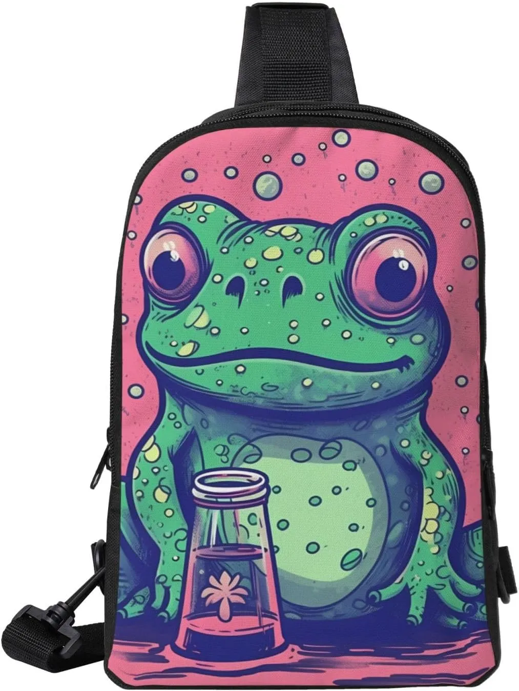 Sling bag for Women Men Trendy Sling Bakpack Casual Chest Bag Frog Staring at Bottle Fanny Pack for Travel Hiking