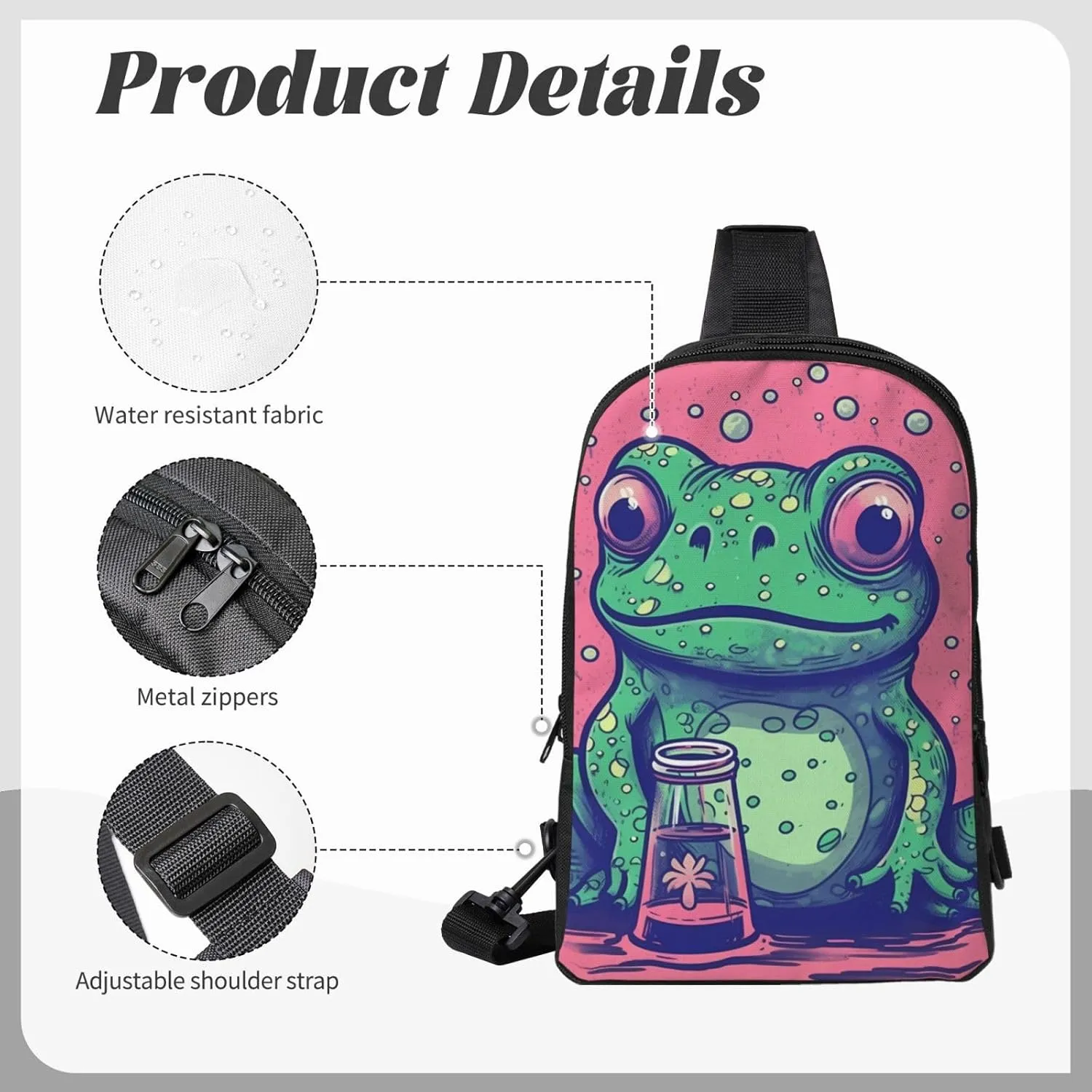 Sling bag for Women Men Trendy Sling Bakpack Casual Chest Bag Frog Staring at Bottle Fanny Pack for Travel Hiking