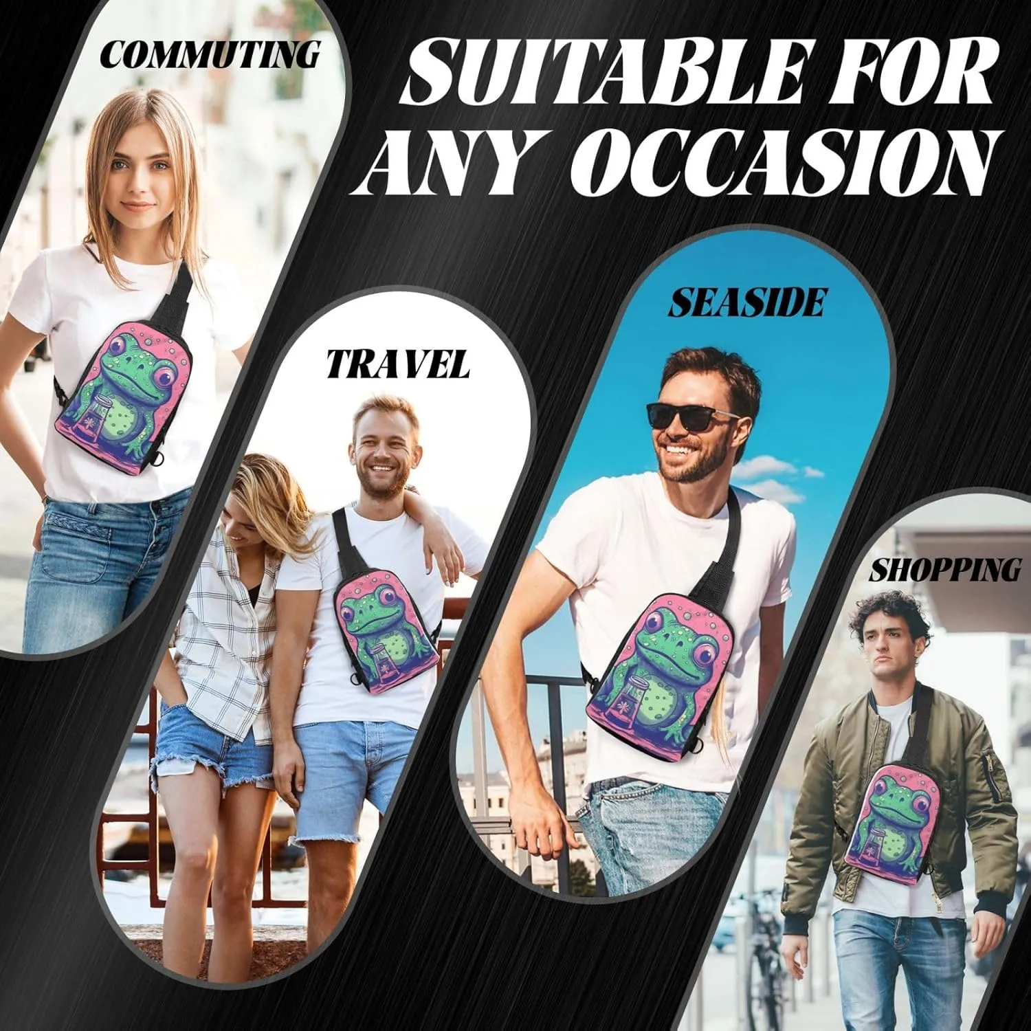 Sling bag for Women Men Trendy Sling Bakpack Casual Chest Bag Frog Staring at Bottle Fanny Pack for Travel Hiking