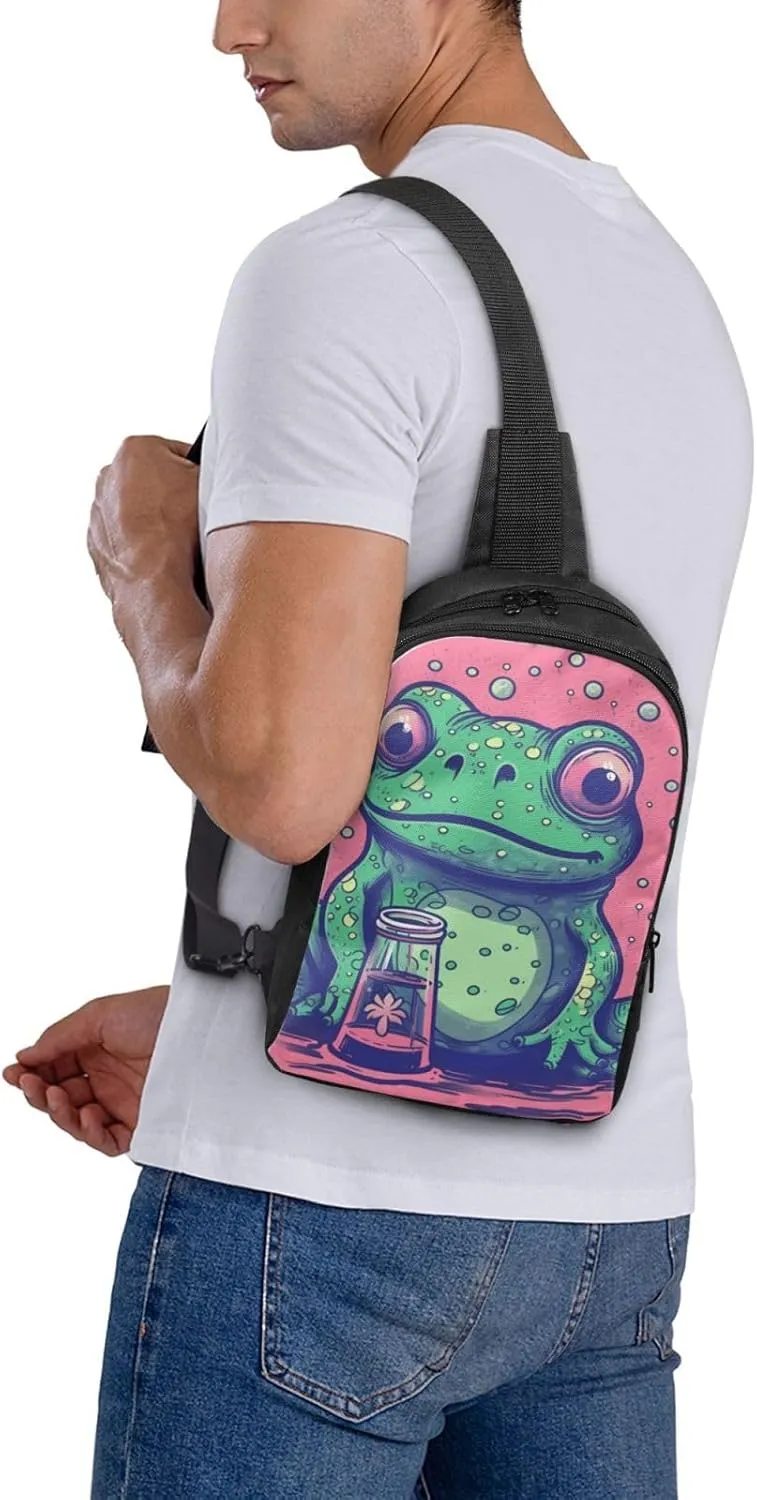 Sling bag for Women Men Trendy Sling Bakpack Casual Chest Bag Frog Staring at Bottle Fanny Pack for Travel Hiking