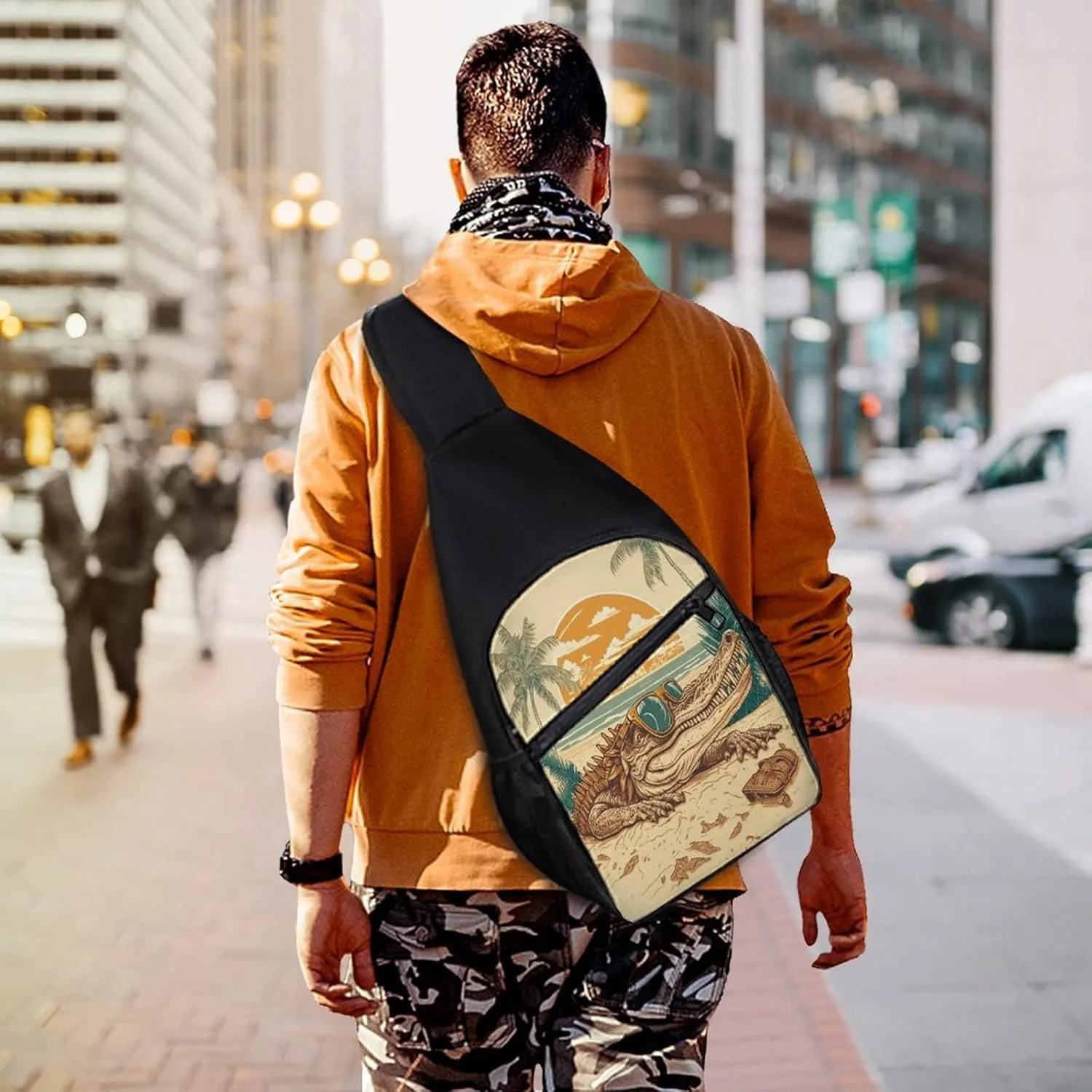 Sling Bags Men Shoulder Backpack Small Cross Body Chest Sling Backpack(Cool Crocodile in Sunglasses)