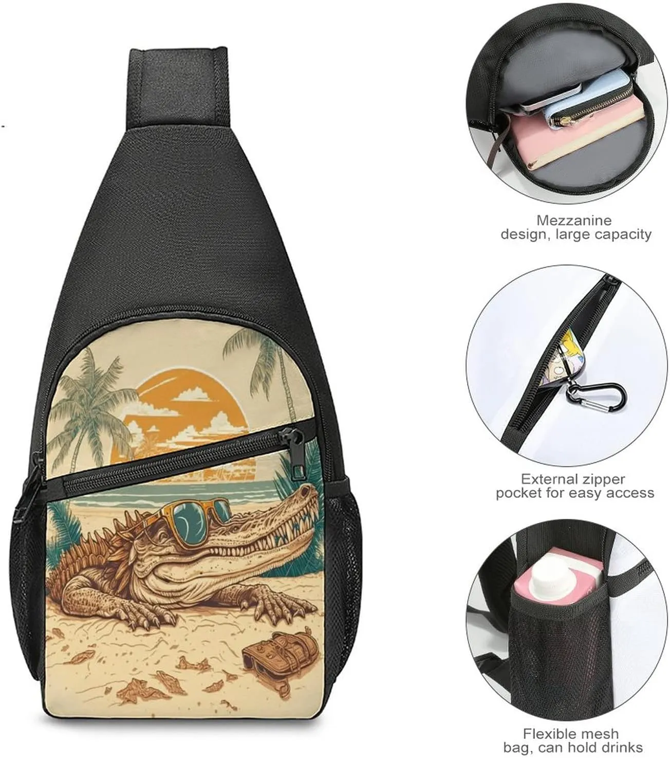 Sling Bags Men Shoulder Backpack Small Cross Body Chest Sling Backpack(Cool Crocodile in Sunglasses)