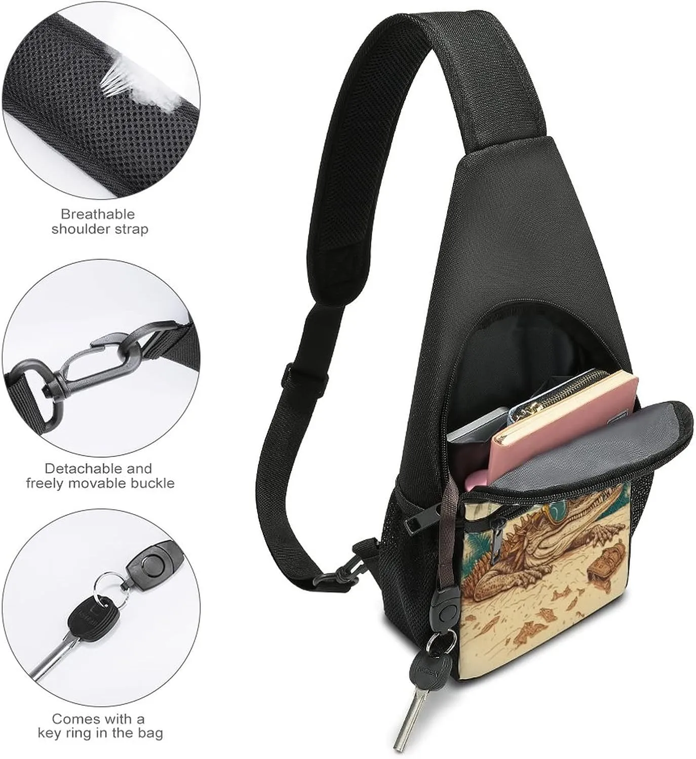 Sling Bags Men Shoulder Backpack Small Cross Body Chest Sling Backpack(Cool Crocodile in Sunglasses)