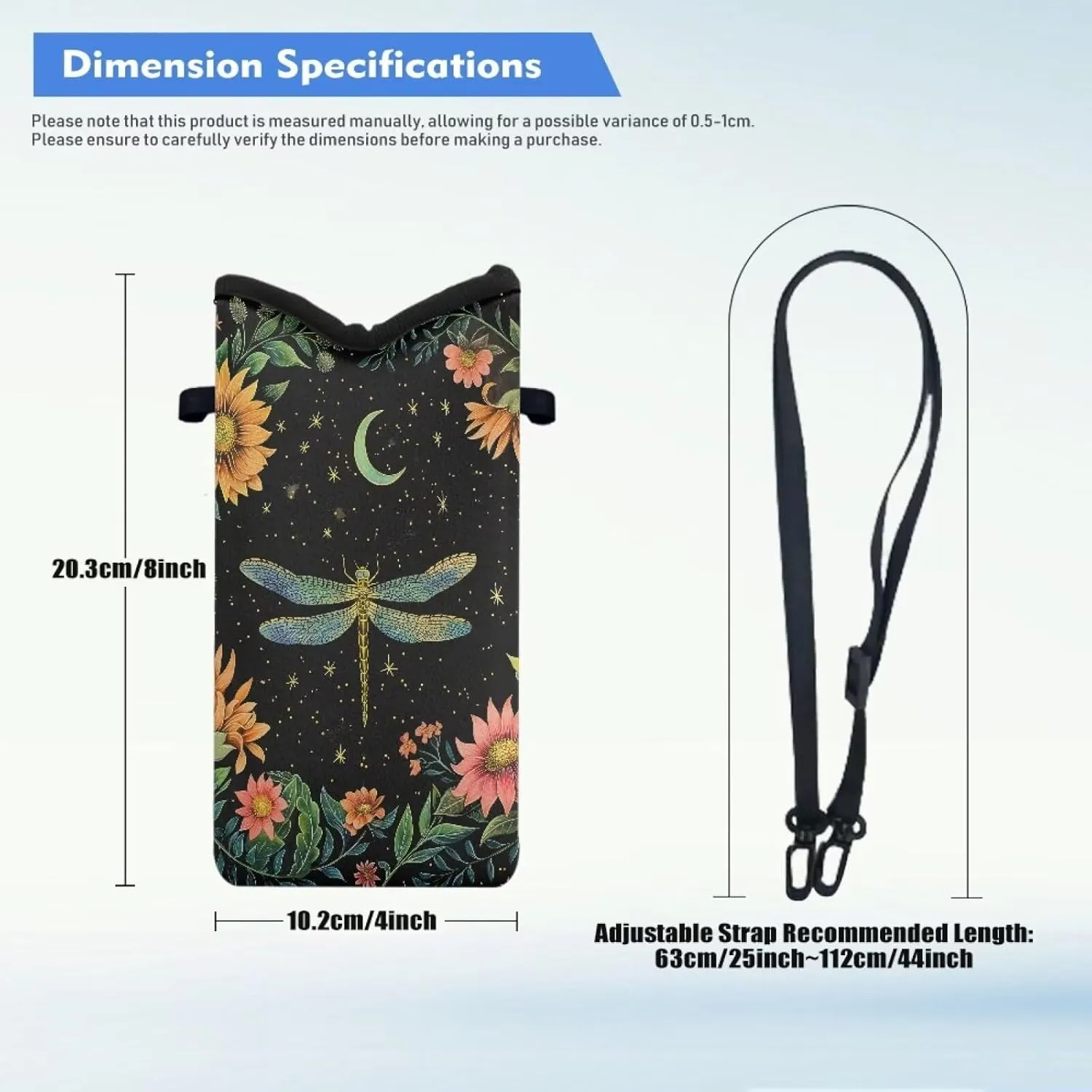 Small Cellphone Crossbody Case Bag Water Resistant Neoprene Phone Pouch Portable Sleeve Bag with Adjustable Strap, 4 X 8 Inch, Dragonfly Moon Flower