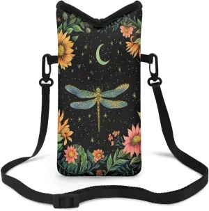 Small Cellphone Crossbody Case Bag Water Resistant Neoprene Phone Pouch Portable Sleeve Bag with Adjustable Strap, 4 X 8 Inch, Dragonfly Moon Flower