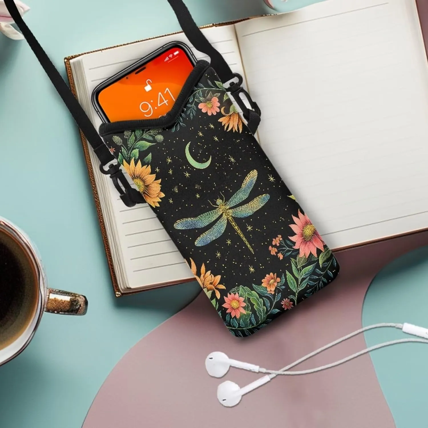 Small Cellphone Crossbody Case Bag Water Resistant Neoprene Phone Pouch Portable Sleeve Bag with Adjustable Strap, 4 X 8 Inch, Dragonfly Moon Flower