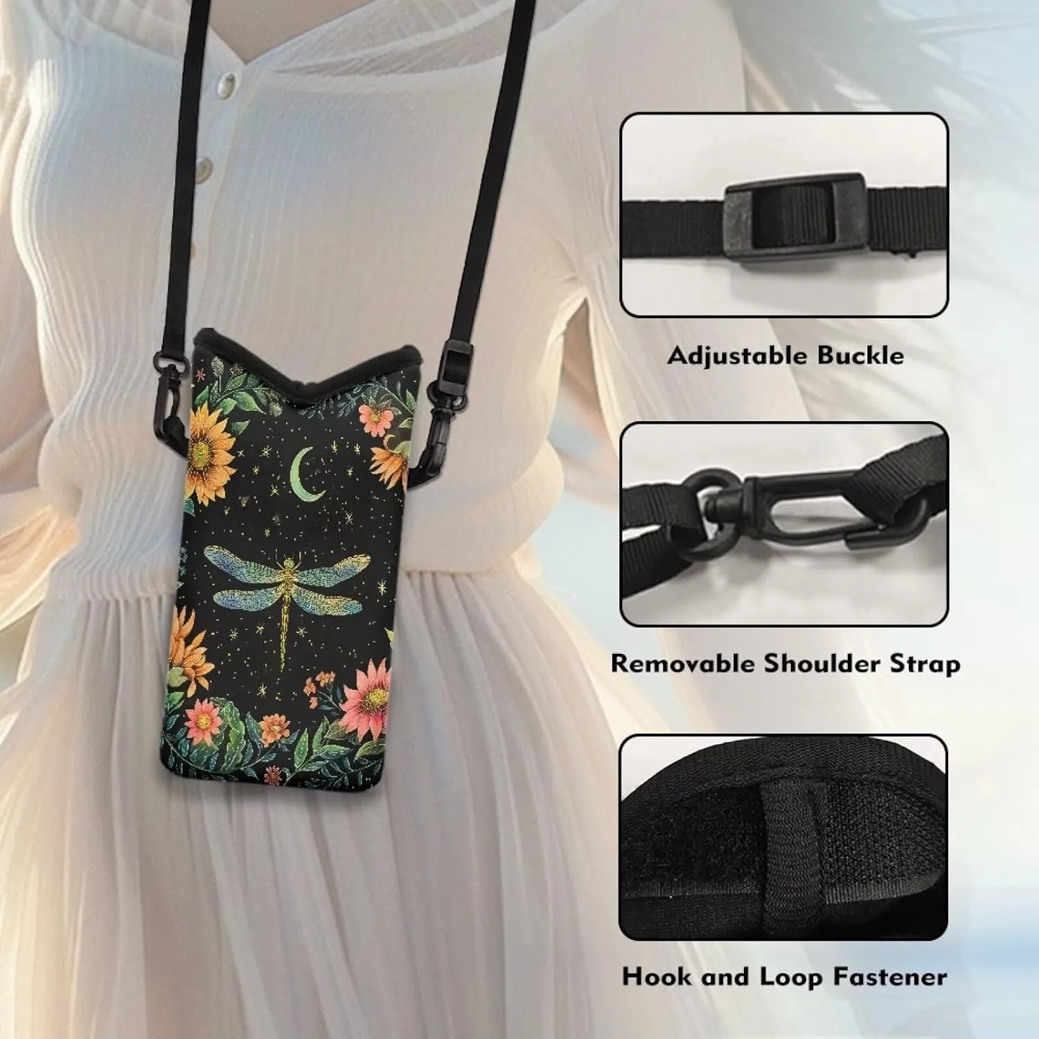 Small Cellphone Crossbody Case Bag Water Resistant Neoprene Phone Pouch Portable Sleeve Bag with Adjustable Strap, 4 X 8 Inch, Dragonfly Moon Flower