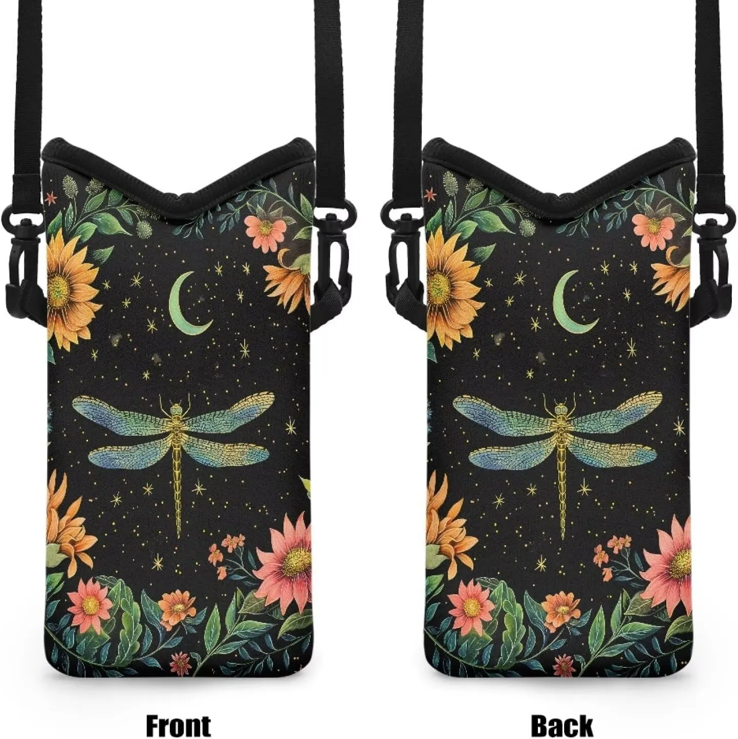 Small Cellphone Crossbody Case Bag Water Resistant Neoprene Phone Pouch Portable Sleeve Bag with Adjustable Strap, 4 X 8 Inch, Dragonfly Moon Flower