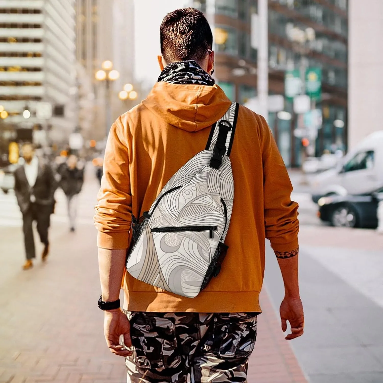 Small Crossbody Sling Backpack Linear Texture Beige Chest Bags for Traveling Chest Fashion Shoulder Bag