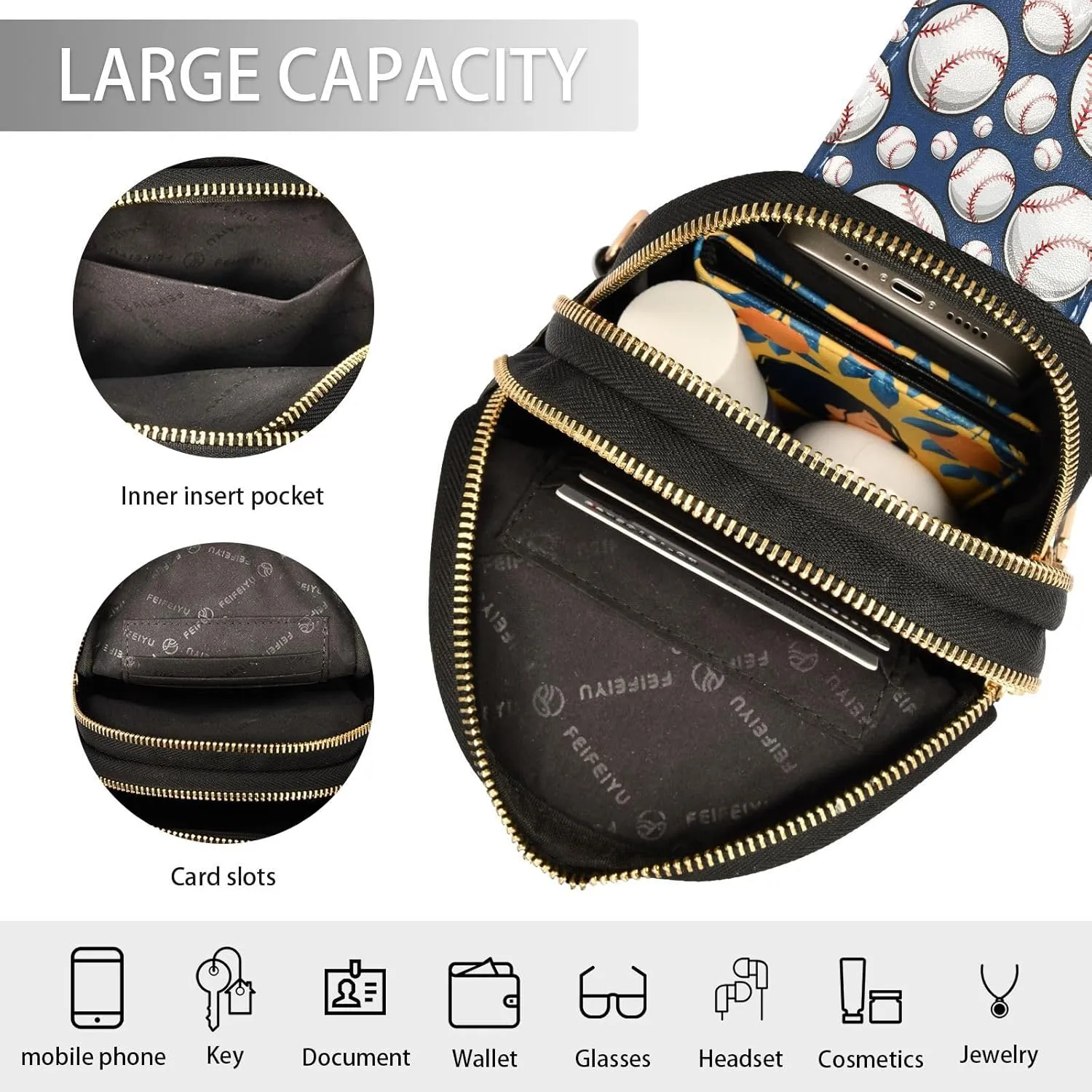 Small Sling Bag for Women Crossbody Baseball Softball Ball Trendy Crossbody Bag Fanny Pack with Guitar Strap Sport Leather Chest Bag for Women Travel Outdoor Outfit