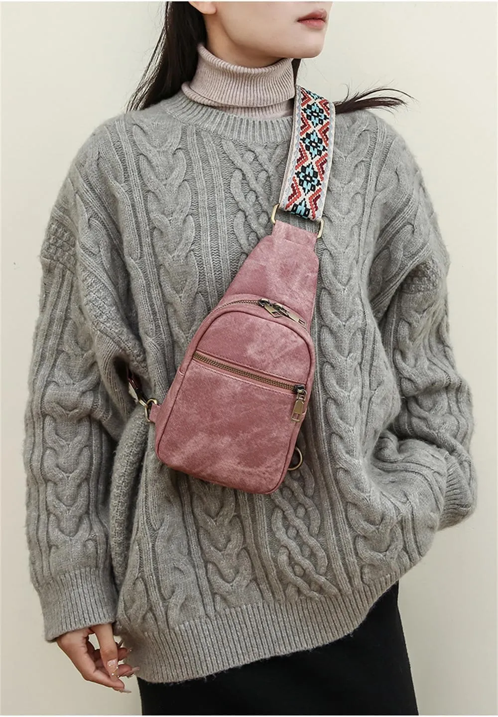 Small Sling Bag for Women Vintage Crossbody Chest Bag Casual Shoulder Satchel Daypack with Guitar Strap for Travel Hiking