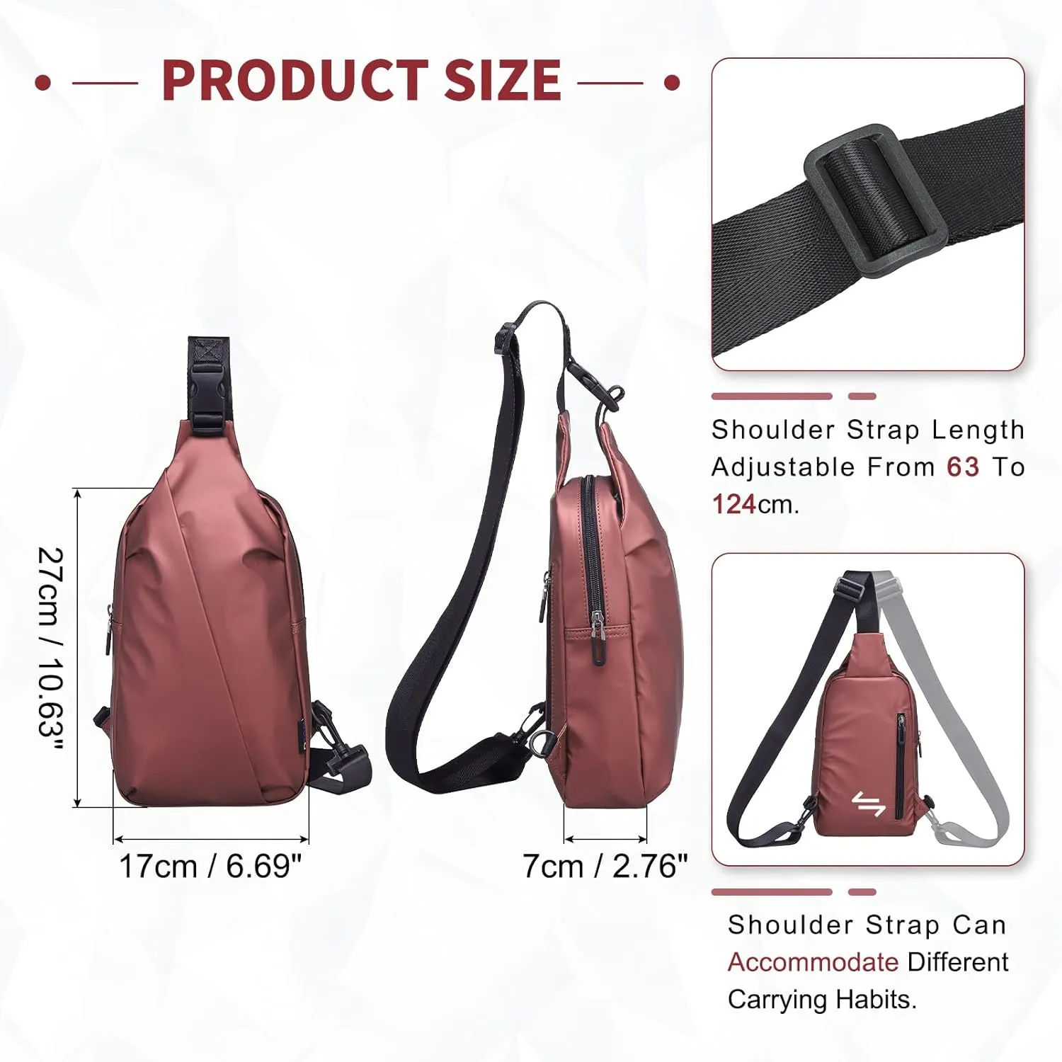 Small Sling Bag, Waterproof Nylon 7.9 Inch Crossbody Chest Bags Daypack Backpack with Anti-theft Pocket for Men Women (Dark Red)