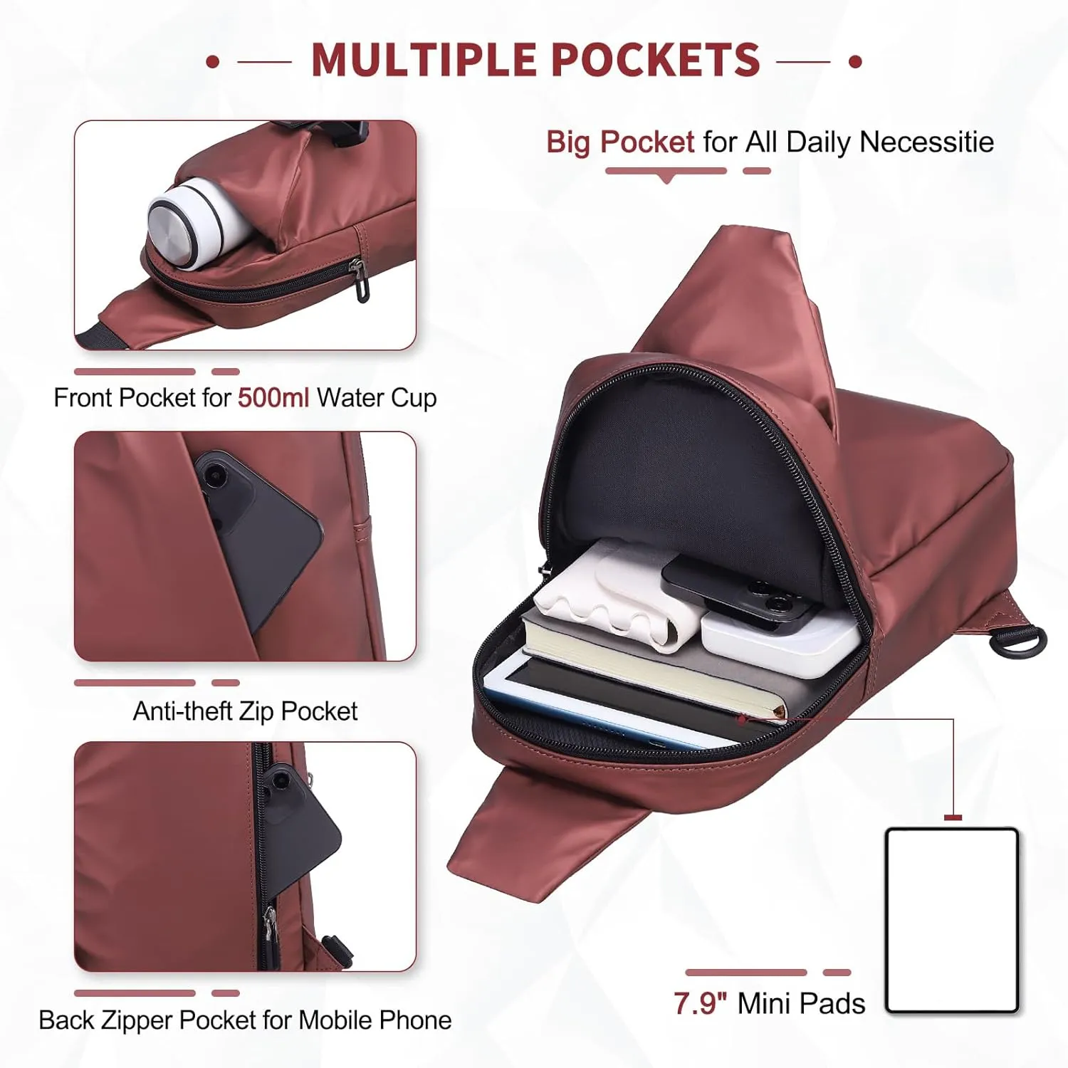 Small Sling Bag, Waterproof Nylon 7.9 Inch Crossbody Chest Bags Daypack Backpack with Anti-theft Pocket for Men Women (Dark Red)