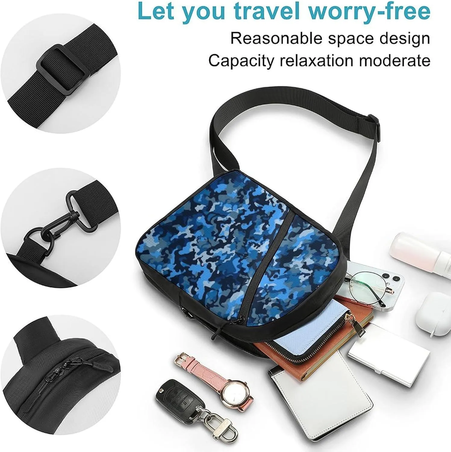 Small Sling Chest Bag Crossbody Bag for Men Women,Blue Camo Lightweight Gym Daypack for Travel Cycling Hiking