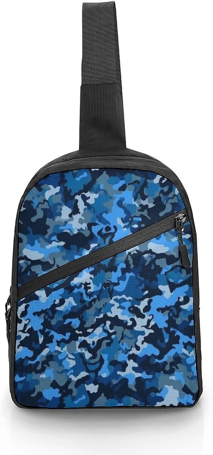 Small Sling Chest Bag Crossbody Bag for Men Women,Blue Camo Lightweight Gym Daypack for Travel Cycling Hiking