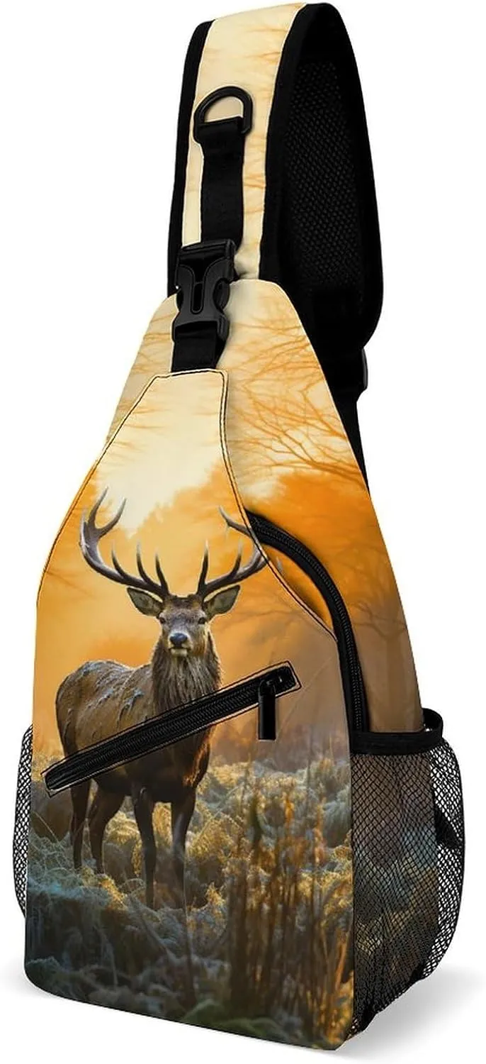 Small Sling Chest Bag Crossbody Bag for Men Women,Deer In Forest Lightweight Gym Daypack for Travel Cycling Hiking