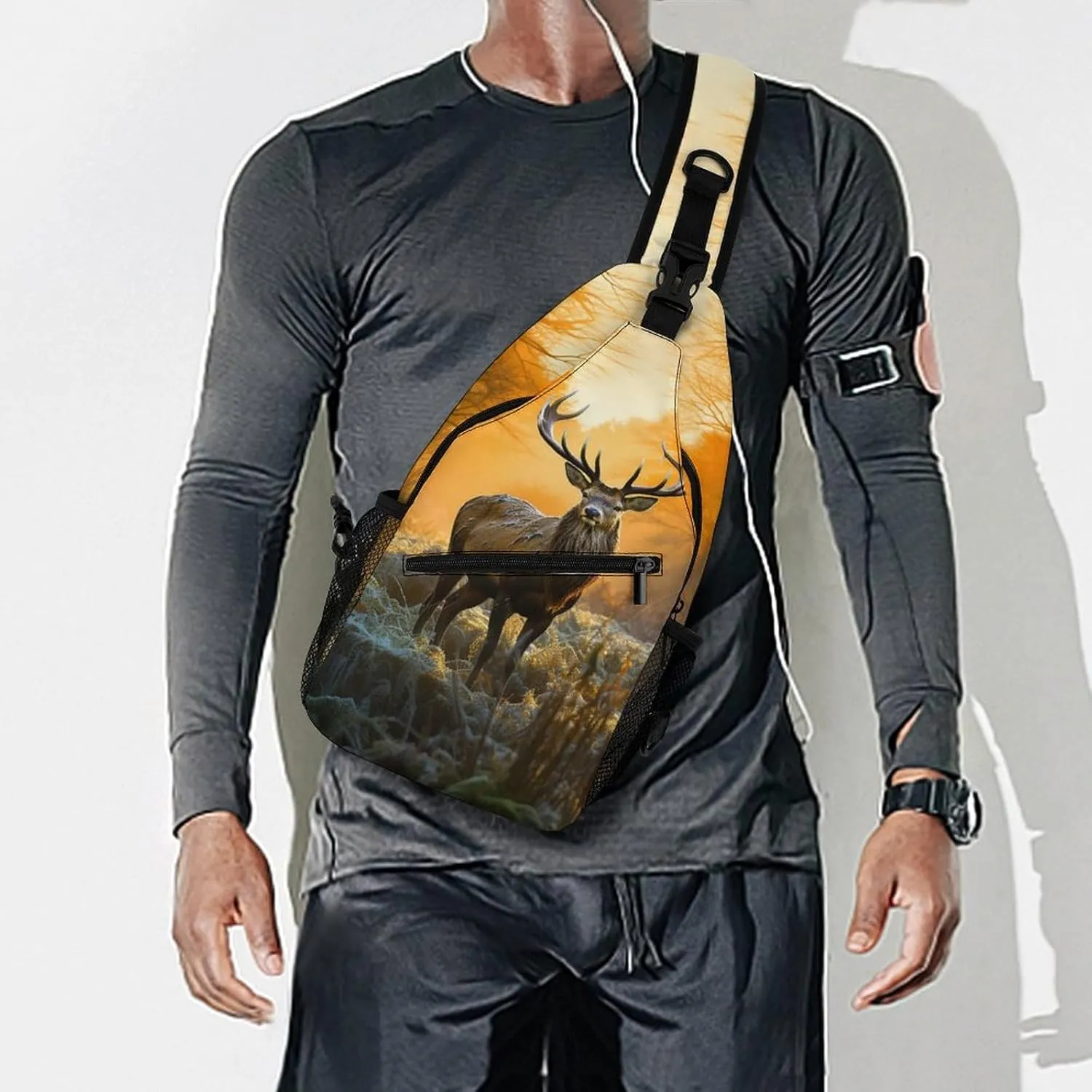 Small Sling Chest Bag Crossbody Bag for Men Women,Deer In Forest Lightweight Gym Daypack for Travel Cycling Hiking