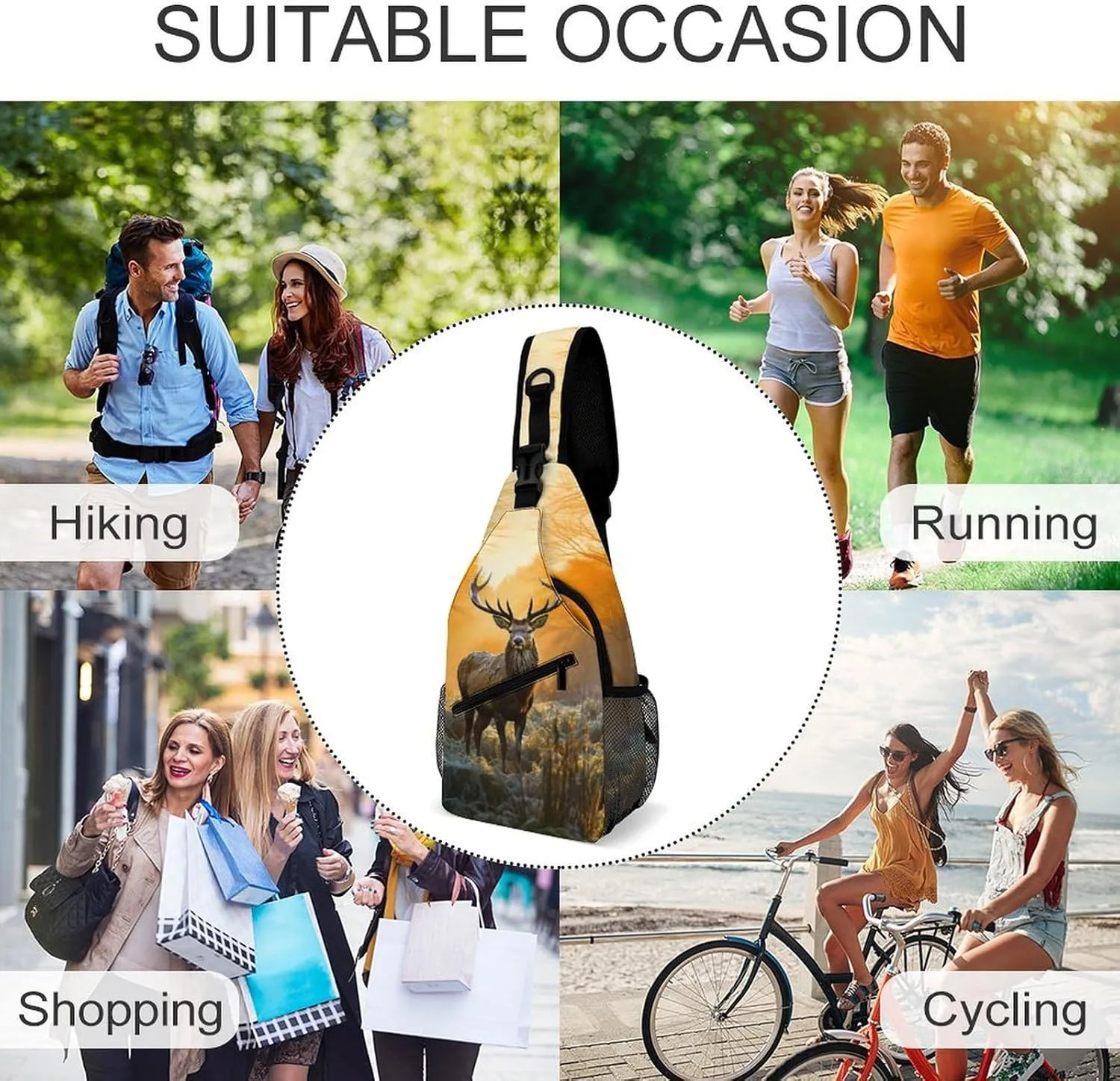 Small Sling Chest Bag Crossbody Bag for Men Women,Deer In Forest Lightweight Gym Daypack for Travel Cycling Hiking
