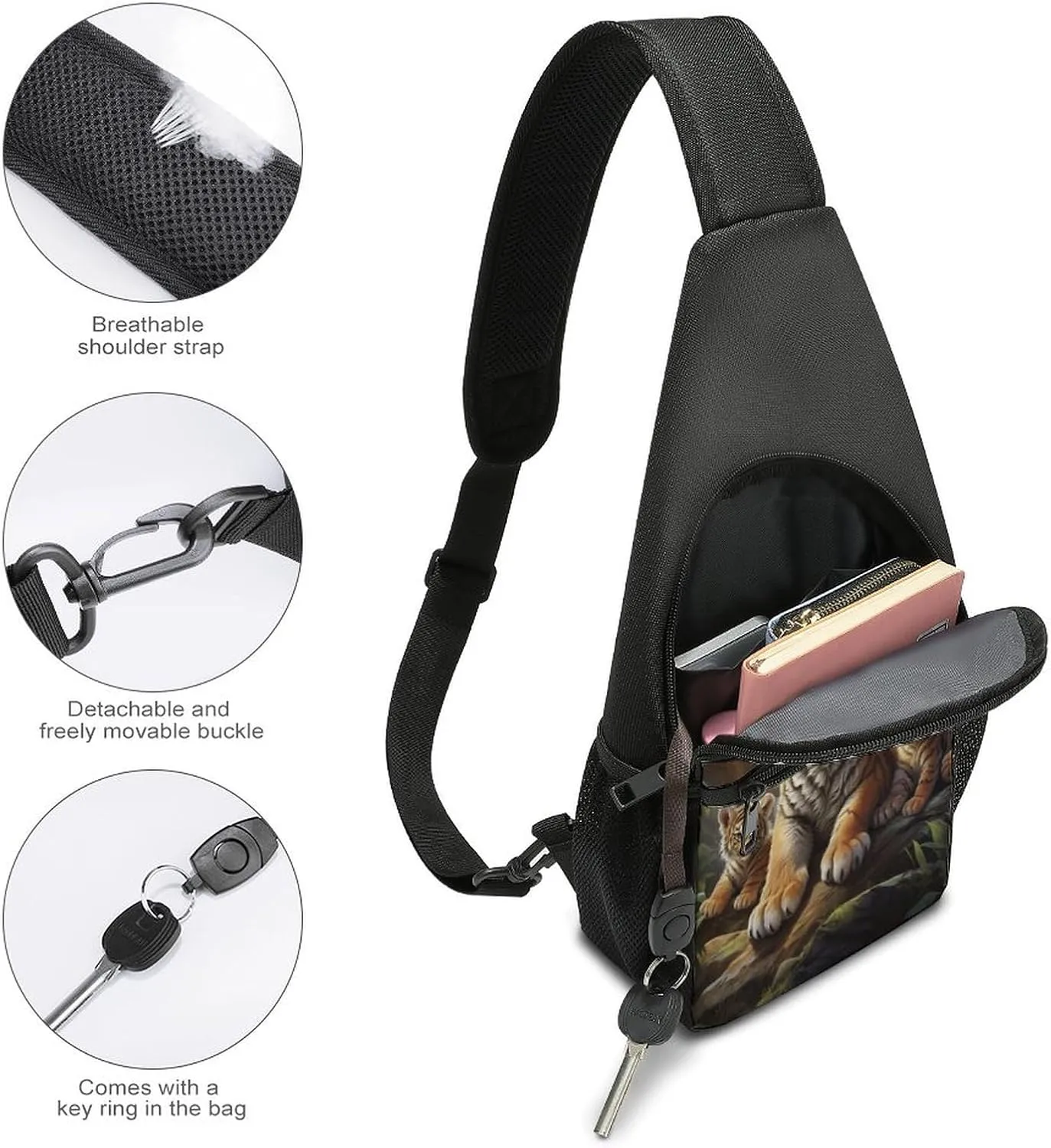 Small Sling Chest Bag Crossbody Bag for Men Women,Jungle Tigers Cub Lightweight Gym Daypack for Travel Cycling Hiking