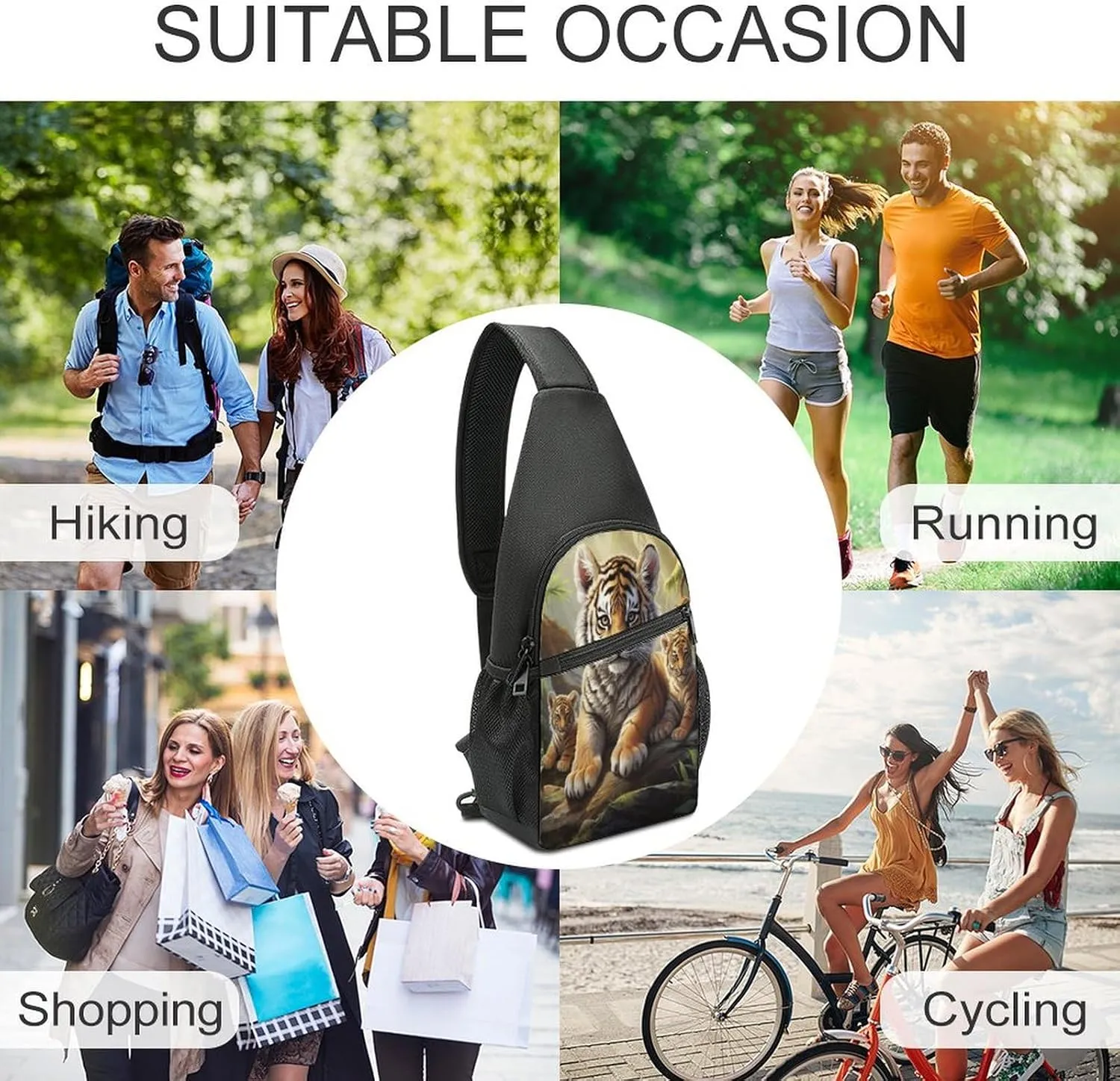 Small Sling Chest Bag Crossbody Bag for Men Women,Jungle Tigers Cub Lightweight Gym Daypack for Travel Cycling Hiking