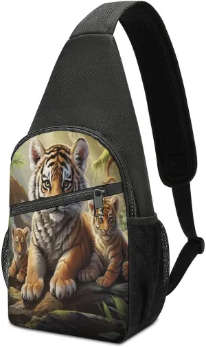 Small Sling Chest Bag Crossbody Bag for Men Women,Jungle Tigers Cub Lightweight Gym Daypack for Travel Cycling Hiking