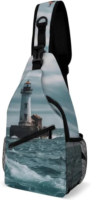 Small Sling Chest Bag Crossbody Bag for Men Women,Lighthouse Ocean Lightweight Gym Daypack for Travel Cycling Hiking