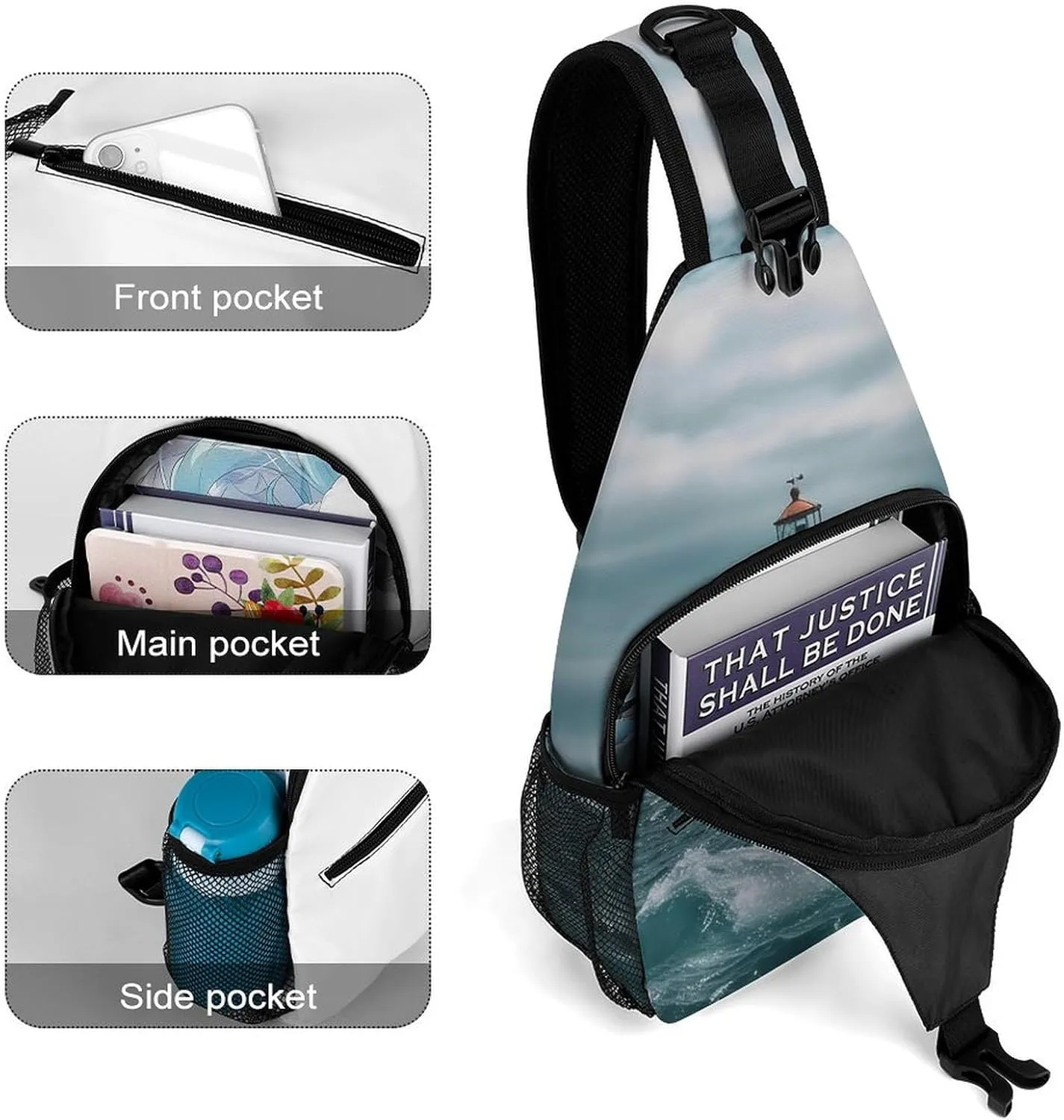 Small Sling Chest Bag Crossbody Bag for Men Women,Lighthouse Ocean Lightweight Gym Daypack for Travel Cycling Hiking