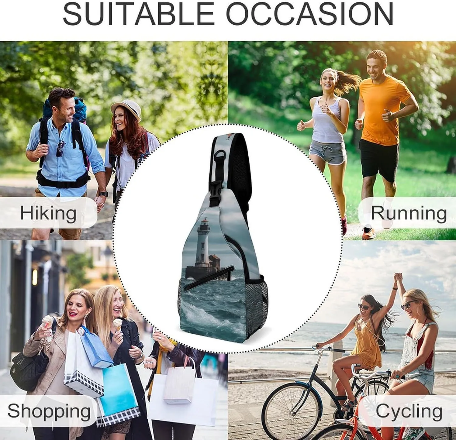 Small Sling Chest Bag Crossbody Bag for Men Women,Lighthouse Ocean Lightweight Gym Daypack for Travel Cycling Hiking
