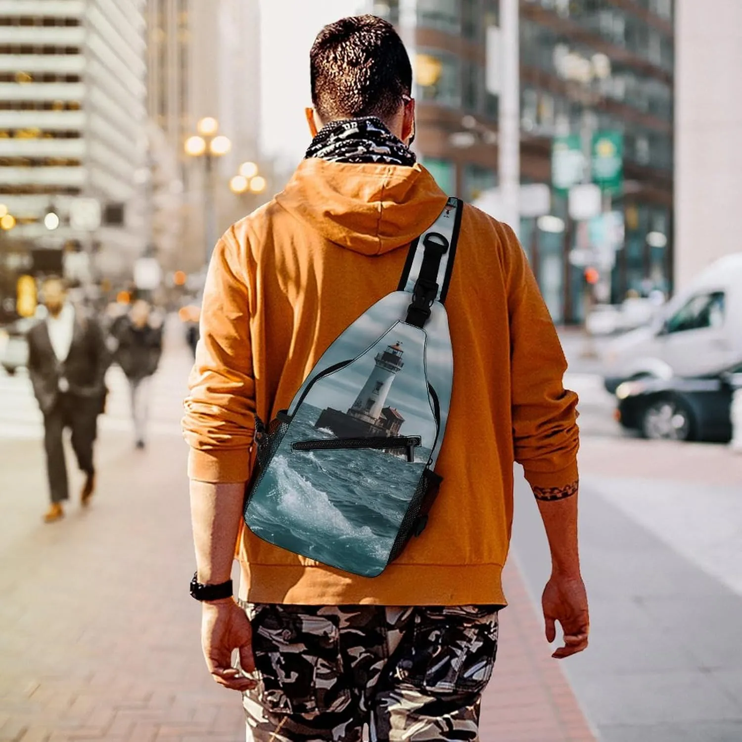 Small Sling Chest Bag Crossbody Bag for Men Women,Lighthouse Ocean Lightweight Gym Daypack for Travel Cycling Hiking