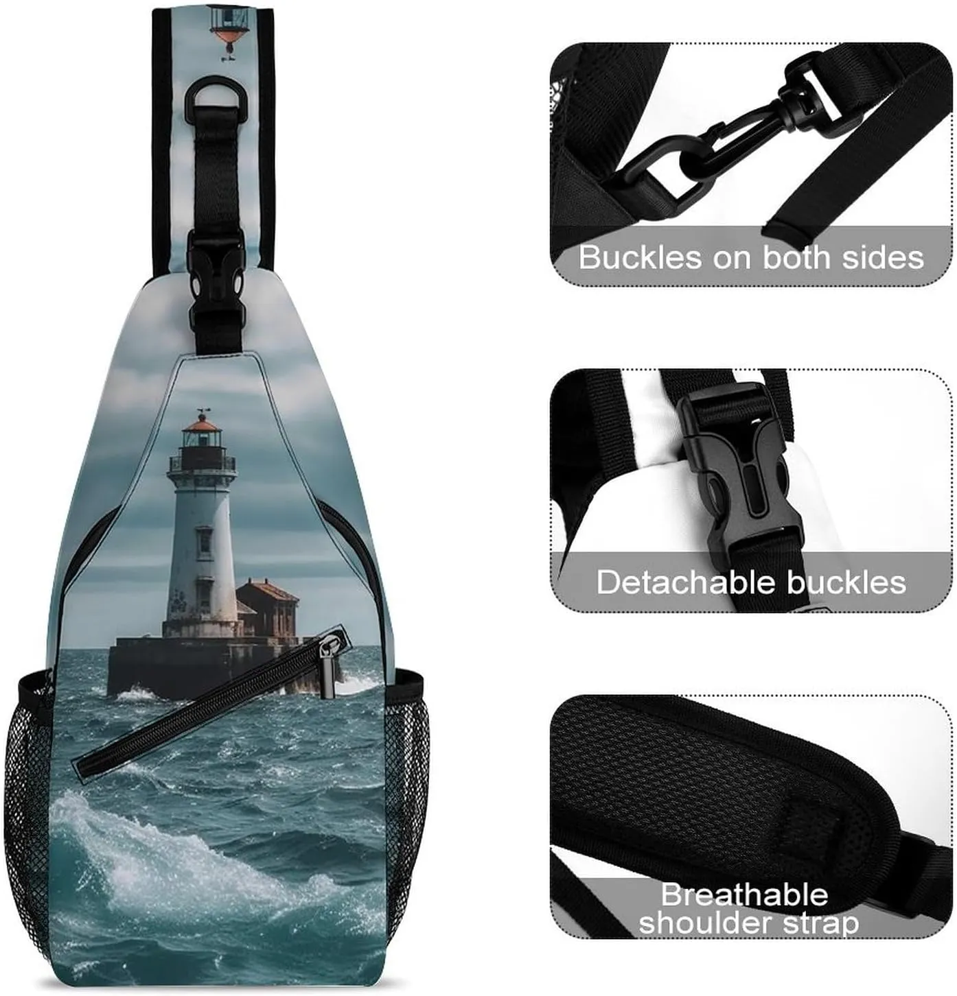 Small Sling Chest Bag Crossbody Bag for Men Women,Lighthouse Ocean Lightweight Gym Daypack for Travel Cycling Hiking