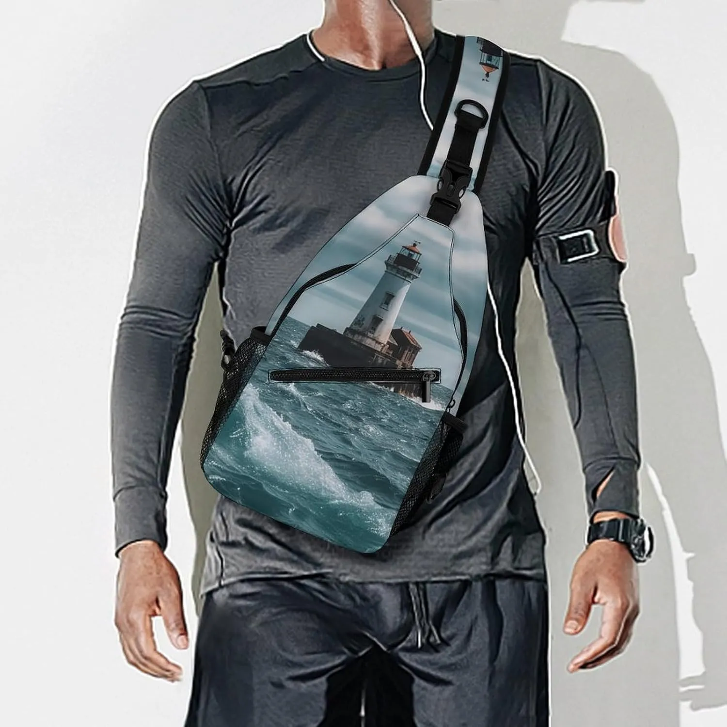 Small Sling Chest Bag Crossbody Bag for Men Women,Lighthouse Ocean Lightweight Gym Daypack for Travel Cycling Hiking