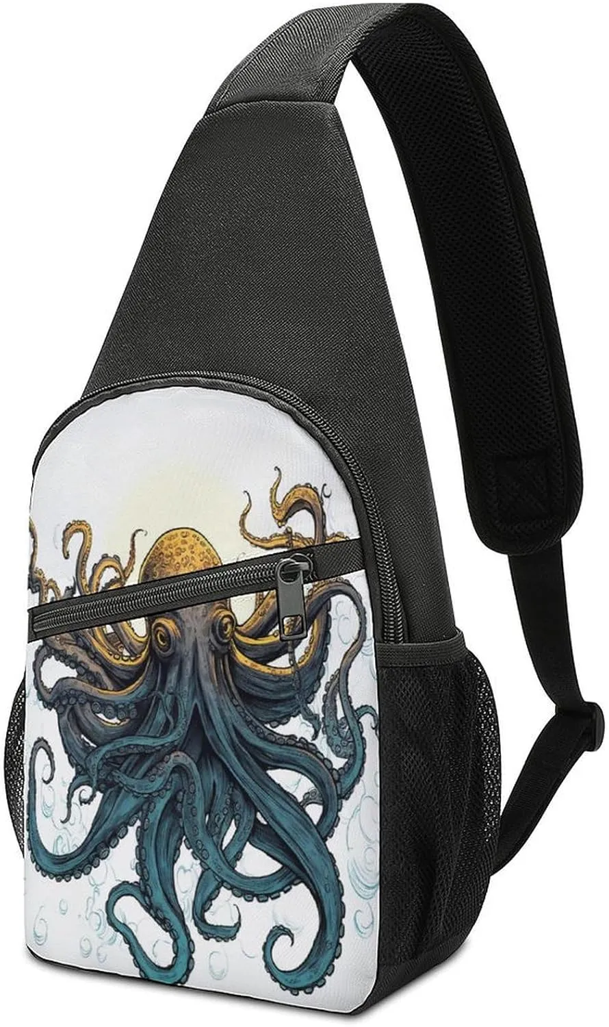 Small Sling Chest Bag Crossbody Bag for Men Women,Sun Ocean Octopus Lightweight Gym Daypack for Travel Cycling Hiking