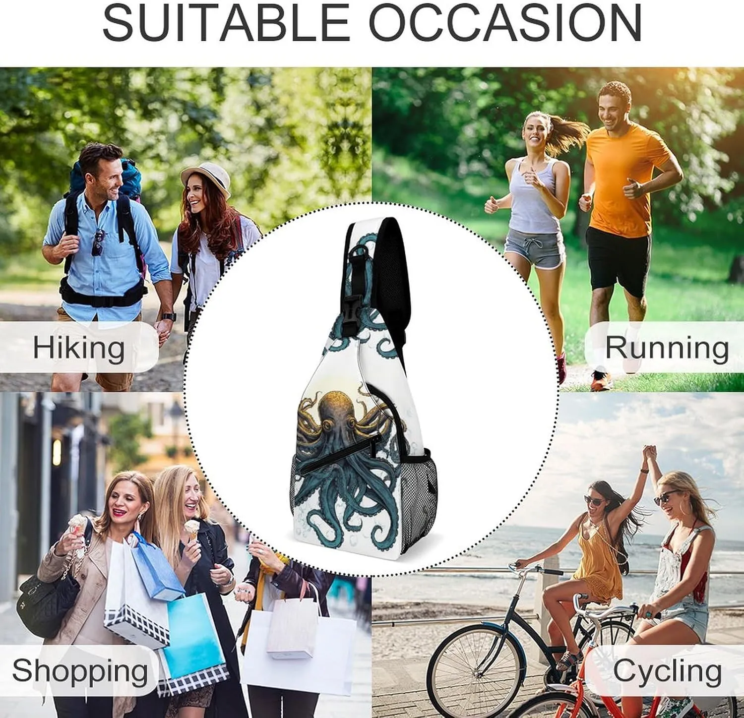 Small Sling Chest Bag Crossbody Bag for Men Women,Sun Ocean Octopus Lightweight Gym Daypack for Travel Cycling Hiking