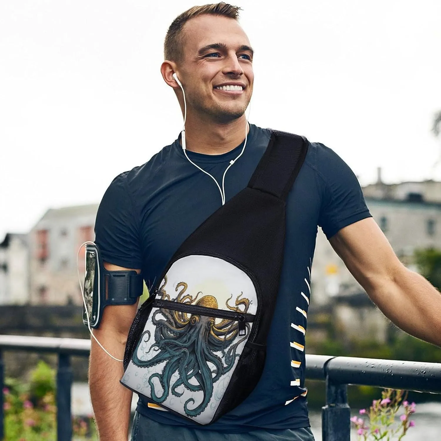 Small Sling Chest Bag Crossbody Bag for Men Women,Sun Ocean Octopus Lightweight Gym Daypack for Travel Cycling Hiking