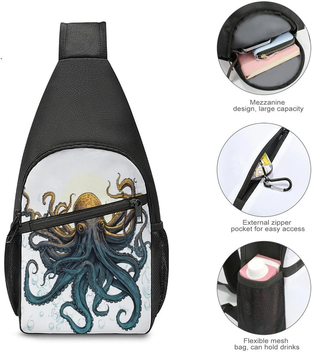 Small Sling Chest Bag Crossbody Bag for Men Women,Sun Ocean Octopus Lightweight Gym Daypack for Travel Cycling Hiking