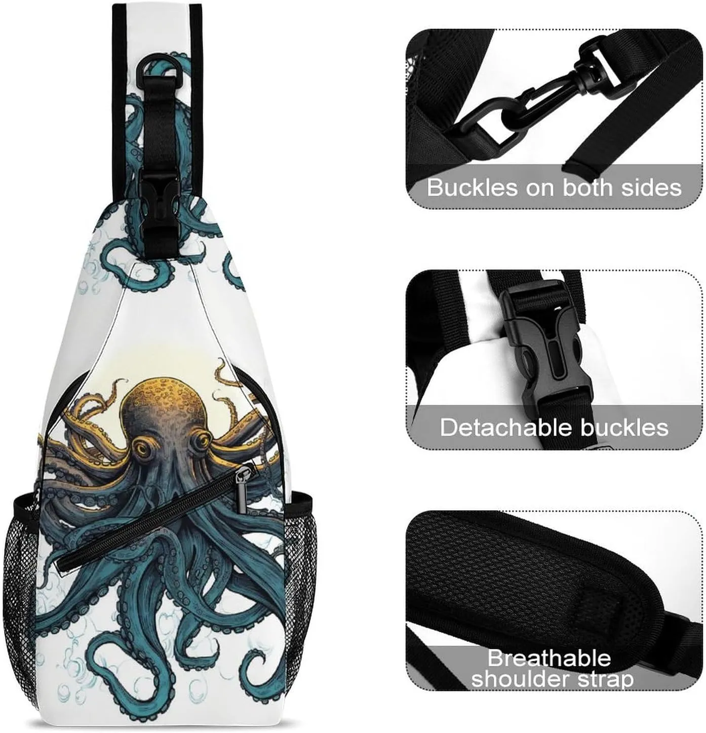 Small Sling Chest Bag Crossbody Bag for Men Women,Sun Ocean Octopus Lightweight Gym Daypack for Travel Cycling Hiking
