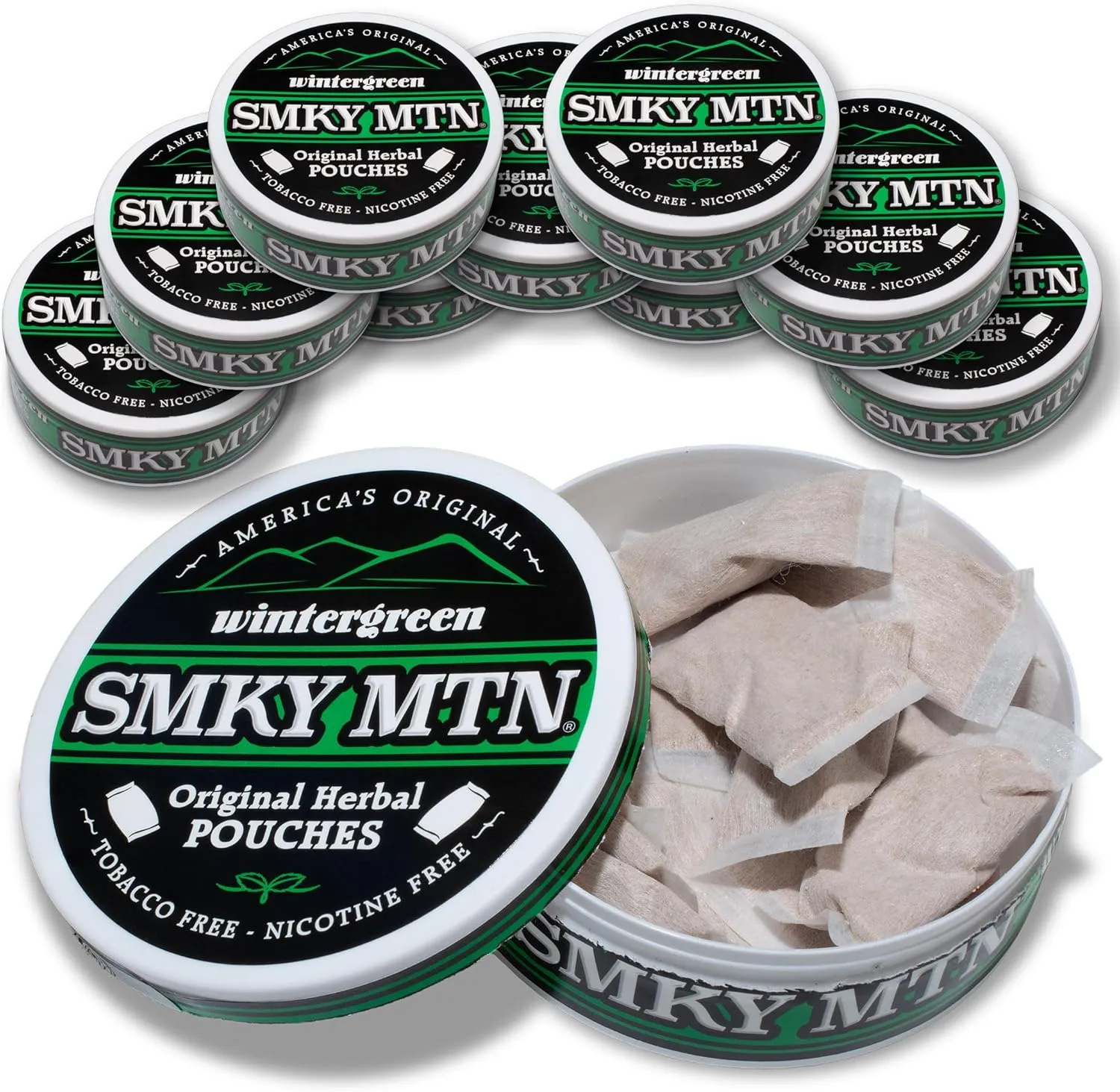 Smokey Mountain Original Herbal Pouches - Wintergreen - Tobacco Free and Nicotine Free - 10 Can Box - 15 Per Can