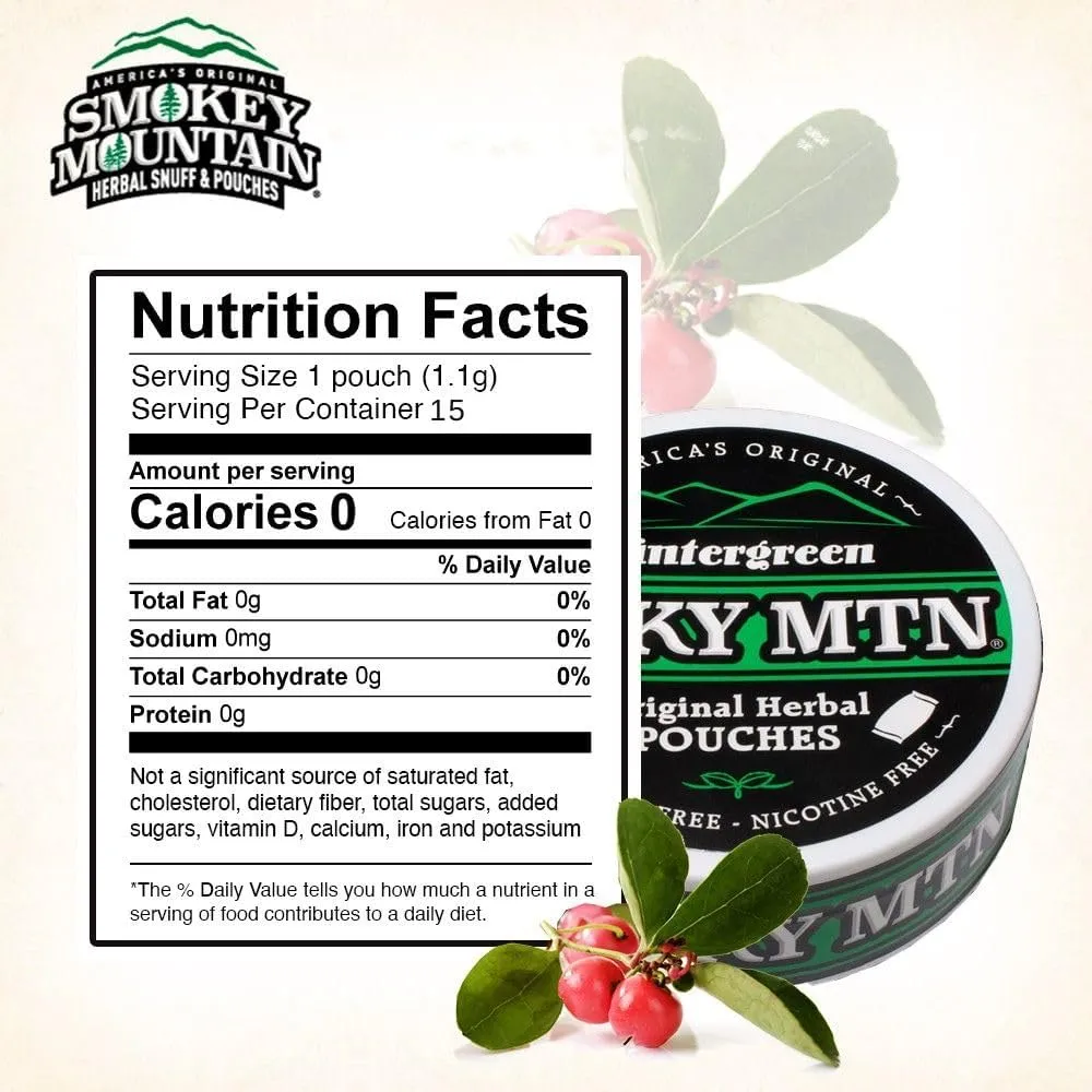 Smokey Mountain Original Herbal Pouches - Wintergreen - Tobacco Free and Nicotine Free - 10 Can Box - 15 Per Can