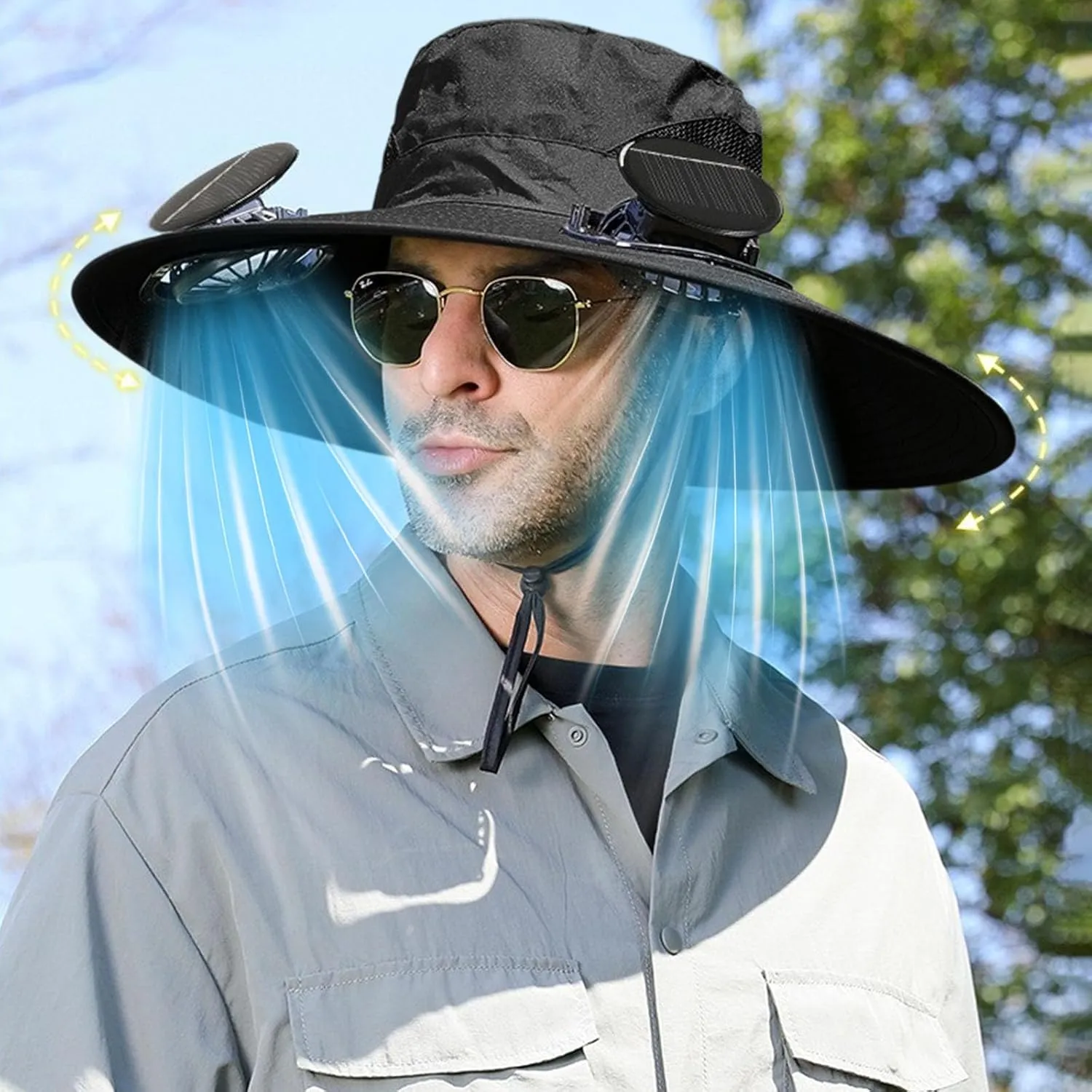 Solar Powered Fan Hat for Men & Women Wide Brim Sun Protection with Built-in Fans UPF 50   Outdoor Fishing & Beach Hats