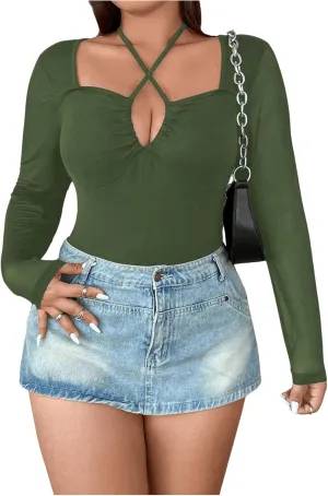 SOLY HUX Plus Size Tops for Women Long Sleeve Sexy Going Out Tops V Neck Criss Cross T Shirts Blouse