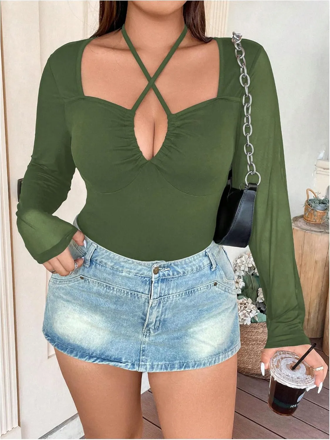 SOLY HUX Plus Size Tops for Women Long Sleeve Sexy Going Out Tops V Neck Criss Cross T Shirts Blouse