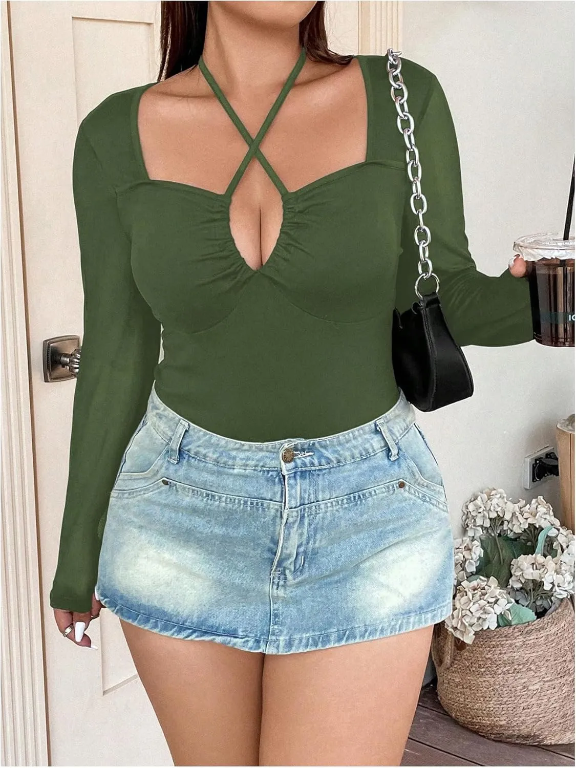 SOLY HUX Plus Size Tops for Women Long Sleeve Sexy Going Out Tops V Neck Criss Cross T Shirts Blouse