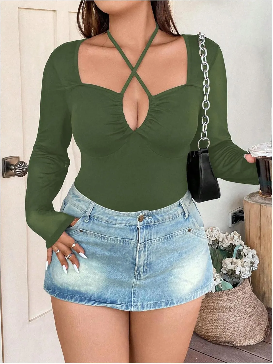 SOLY HUX Plus Size Tops for Women Long Sleeve Sexy Going Out Tops V Neck Criss Cross T Shirts Blouse