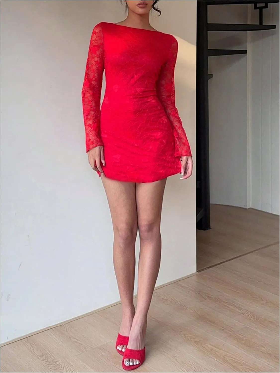 SOLY HUX Women's Lace Mini Dress Tie Backless Bell Long Sleeve Crew Neck Bodycon Dresses