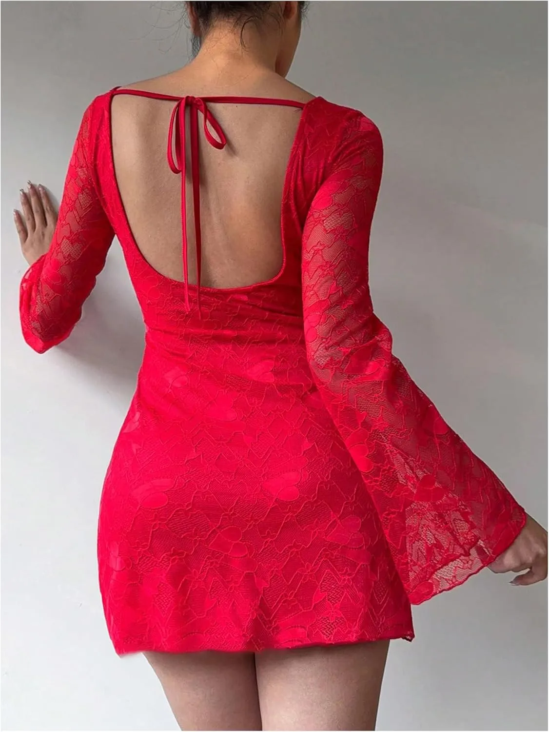 SOLY HUX Women's Lace Mini Dress Tie Backless Bell Long Sleeve Crew Neck Bodycon Dresses